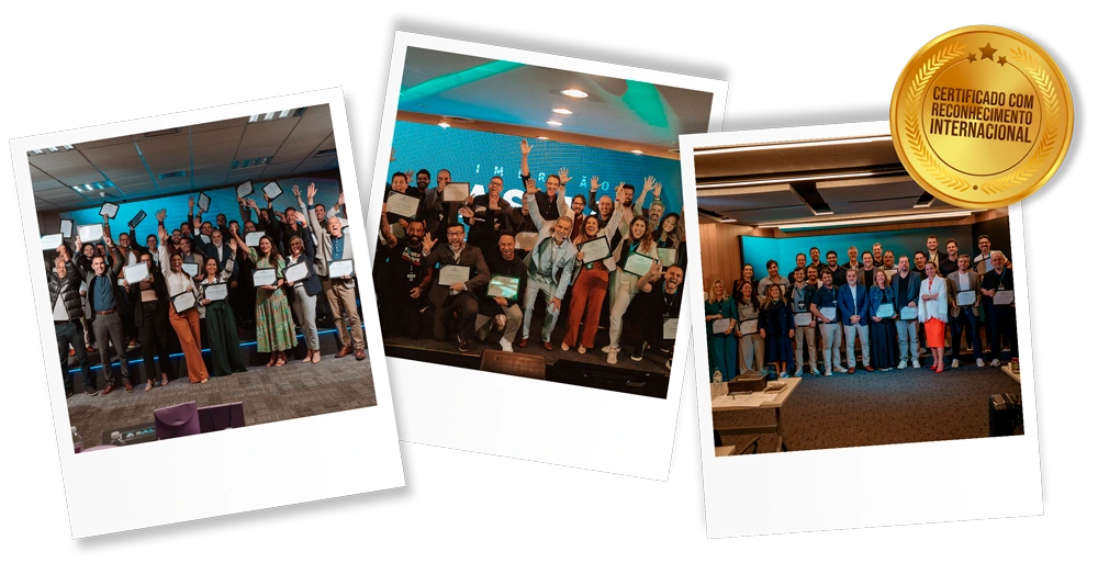 Turmas da Sala do Conselho segurando seus certificados ao final da imersão, com selo de reconhecimento internacional.